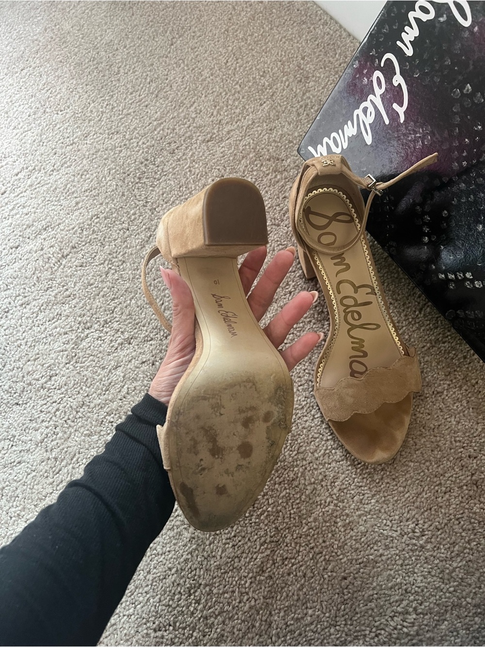 Sam Edelman Tan Suede Scalloped Block Heel Ankle Strap Sandals - Picture 10 of 10